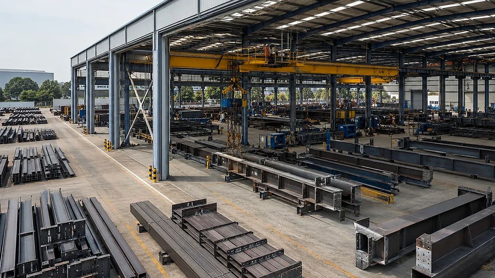 Structural steel fabrication yard with beams staged under an overhead crane